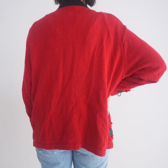 Vintage Dress Barn Red Black Embroidered Mistletoe Zip Knit Cardigan Sweater 18 - Picture 3 of 10